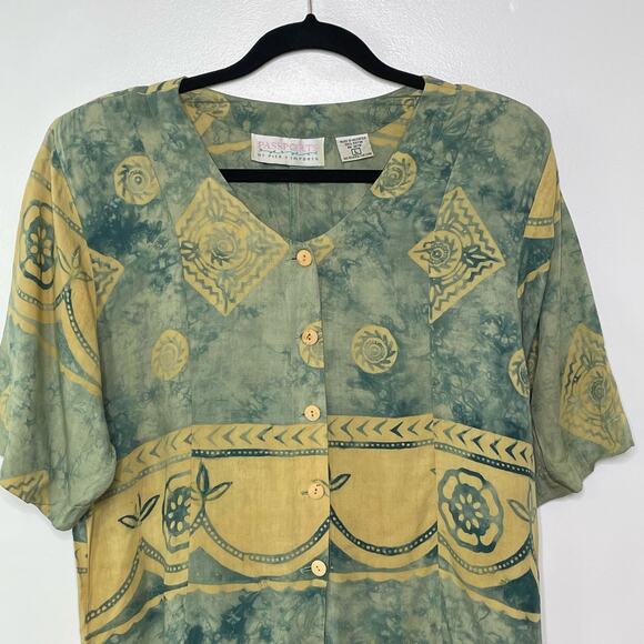 Vtg Passports Pier One Dress Tunic Button Up Aztec Half Sleeve L 90s Boho Rare - Picture 2 of 12
